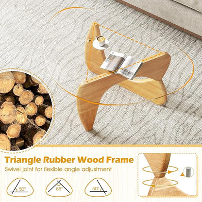 Giantex Triangle Glass Coffee Table, Solid Wood Tea Table with Tempered Glass Top & Adjustable Base, Small Accent Table for Small Spaces, Mid Century Modern Center Table for Living Room (Natural)
