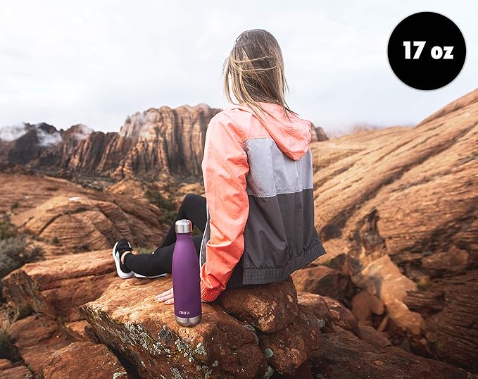 MIRA 2 Pack 17 oz Insulated Water Bottle - Stainless Steel Cola Shape Thermo - Double Wall Hot & Cold Flask (24Hr Cold/12Hr Hot) - Iris & Rose Pink