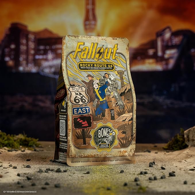 Bones Coffee Company Fallout Rocky Route 66, Rocky Road Flavored Coffee, Medium Roast Low Acid Arabica Beans Compatible with Auto drip and French Press Coffee Maker, 12 Oz Whole Bean