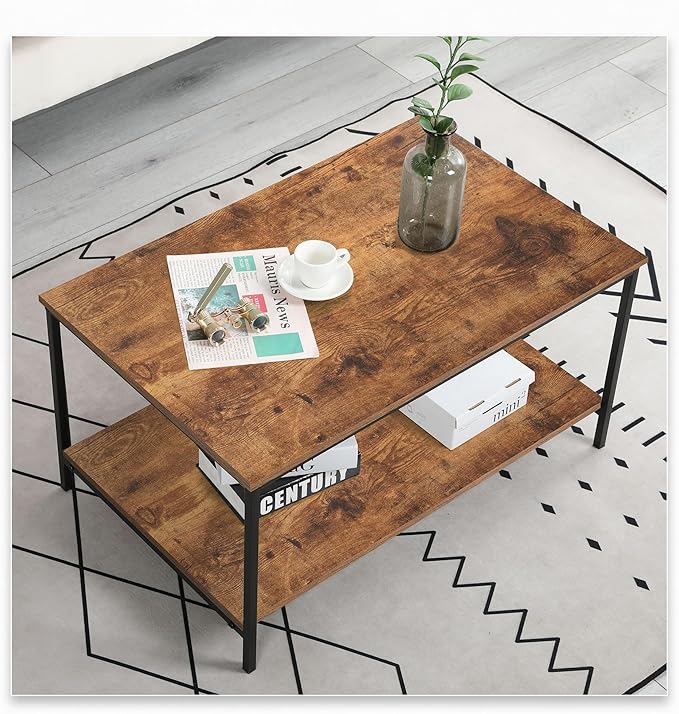 SENIG Small Brown Rectangle Wood and Metal Coffee Table with Storage Shelf for Small Living Rooms