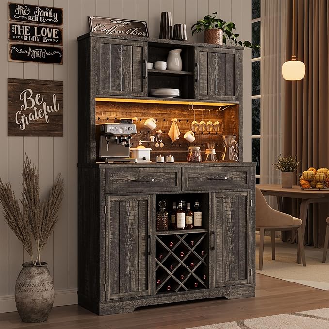 72" Coffee Bar Cabinet with Power Outlet & LED Light, Farmhouse Large Kitchen Hutch with Sliding Barn Door, Tall Bar Cabinets with Storage Drawers & Wine Glass Rack,Pantry China Cabinet,Black Oak