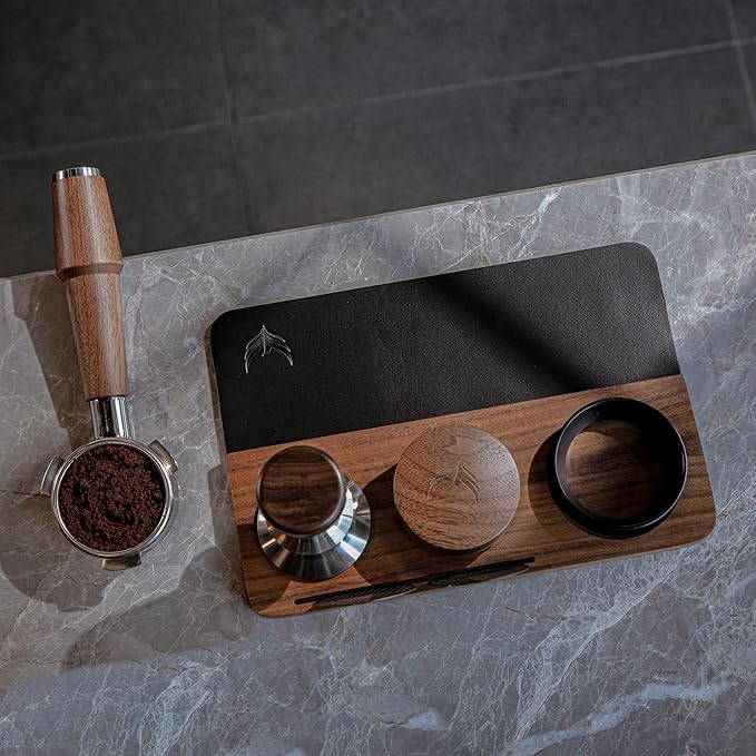 58mm Tamping Mat for Counter Walnut Wood Leather Tamper Station with Multi-Slot Design Premium Espresso Machine Accessories Organizer