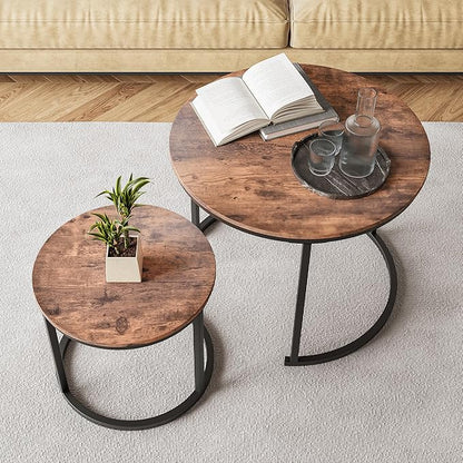 Round Coffee Table Set of 2 for Living Room,Black Small Coffee Table Living Room Table,Nesting Tables Metal Frame/Wood,Sturdy/Easy Assembly,Stacking Side Tables Bedroom,Rustic Brown