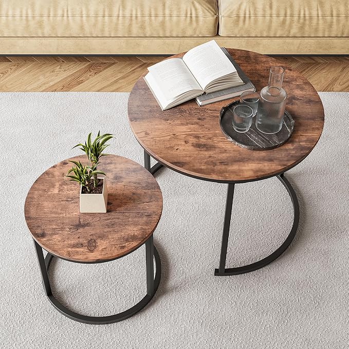 Round Coffee Table Set of 2 for Living Room,Black Small Coffee Table Living Room Table,Nesting Tables Metal Frame/Wood,Sturdy/Easy Assembly,Stacking Side Tables Bedroom,Rustic Brown