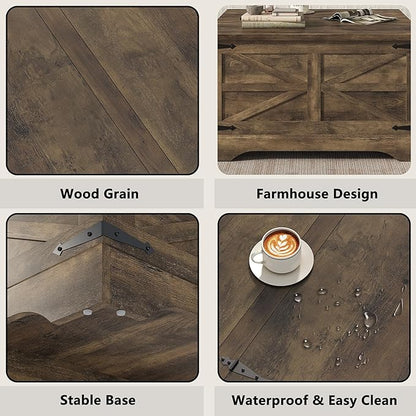 Furnideco 35.5''W Square Coffee Table Farmhouse Lift top Coffee Table with Large Hidden Storage, Wood Center Table for Living Room, Home Office, Brown