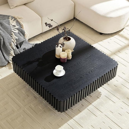 KEVINSPACE Square Wood Coffee Table, Fluted CoffeeTable Handcraft Drum TeaTable CenterTable for Living Room, Modern Wooden CocktailTable for Small Space, Easy Assembly 35.43" 15.75" H Black