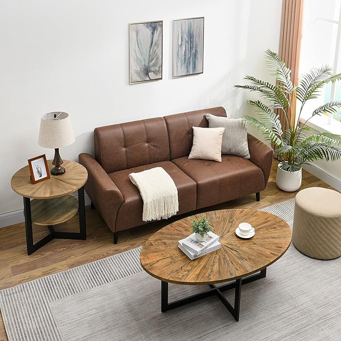 Solid Wood Oval Coffee Table with Cross Metal Legs, 47.9" Industrail Bar Cocktail Table for Living Room Kitchen Office Sofa Table Bristro Table for Cafe/Bar Rustic Brown 1831