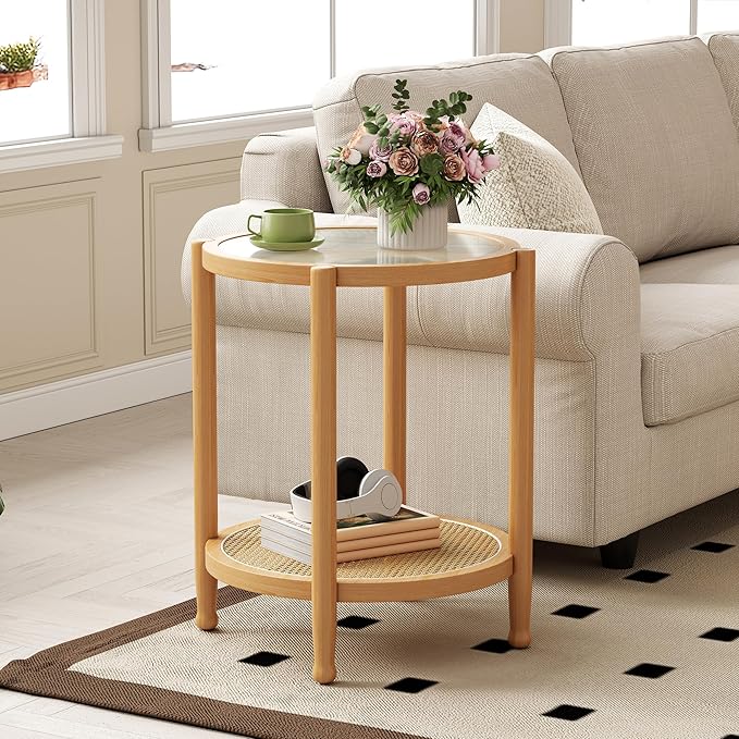 Rattan Round Side Table, 24" Boho Rustic Circle End Table Sofa Table with Storage and Solid Wood Farmhouse Frame for Living Room, Balcony, Bedroom (Natural, 23.6" D x 23.6" W x 19.7" H)