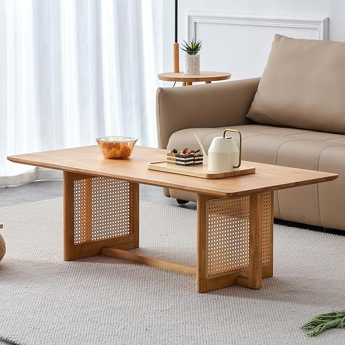 Mid Century Modern Wood Coffee Table with PE Rattan Stand, 47 Inch Rectangular Solid Wood Boho Coffe Table, Unique Center Cocktail Table for Livinig Room Apartment Office