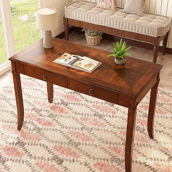 PADMA HOUSE Solid Wood Console Table with 2 Drawers, 46" L Tradional Sofa Table with Dual Hourglass Tabletop, Large Secretary Desk Entry Table for Home Office, 46.06 * 21.65 * 30.91in