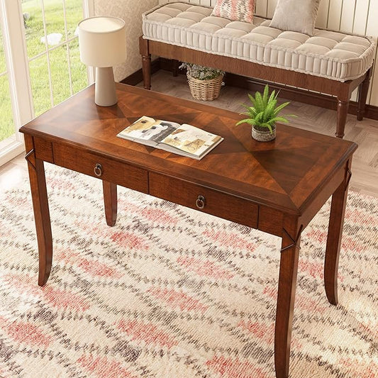 PADMA HOUSE Solid Wood Console Table with 2 Drawers, 46" L Tradional Sofa Table with Dual Hourglass Tabletop, Large Secretary Desk Entry Table for Home Office, 46.06 * 21.65 * 30.91in