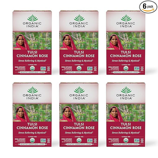 ORGANIC INDIA Tulsi Cinnamon Rose Tea Bags - Tulsi Rose Tea Bags, Cinnamon Tea Bags with Holy Basil, Chamomile, Stevia, USDA Certified Organic Caffeine Free Herbal Tea - 18 Infusion Bags, 6 Pack