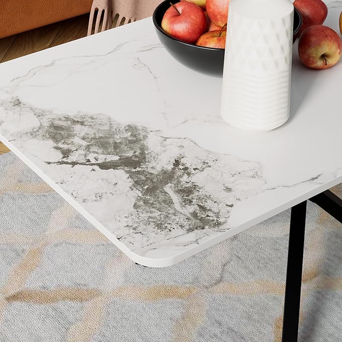 White Marble Coffee Table Modern Rectangular 40 Inch Living Room Table with Black Metal Legs Simple Stylish Center Table for Living Room Office