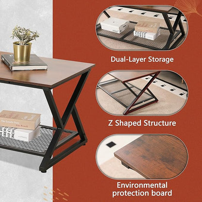 SENIG Coffee Table with Storage Shelf, Industrial Metal Wood Living Room Tables, Rectangle Center Table 39 Inch, Vintage Simple 2 Tier Cocktail Table, Brown