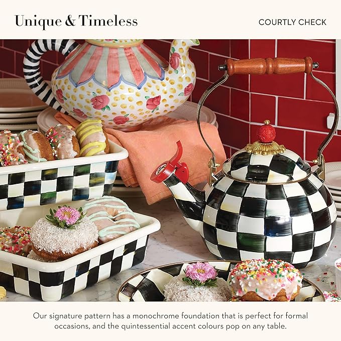 MACKENZIE-CHILDS Enamel Whistling Tea Kettle, Decorative Teapot for Stovetop, Black-and-White Courtly Check