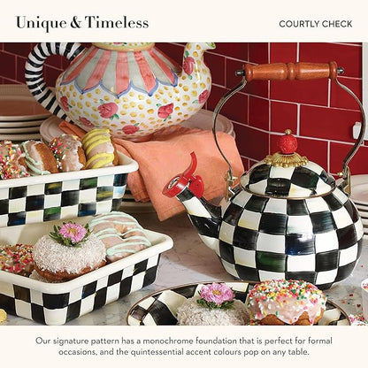 MACKENZIE-CHILDS Enamel Whistling Tea Kettle, Decorative Teapot for Stovetop, Black-and-White Courtly Check