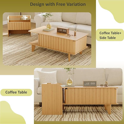 Extendable Coffee Table with Storage, Wood Coffee Table with Hidden Compartment, Expandable Coffee Tables with Side Table for Living Home(Natural)