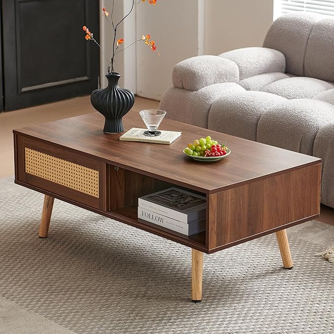 Mid Century Modern Coffee Table with Storage, 41.3 Inch Rectangle Wooden Accent Center Tables with Sliding PE Rattan, Woven Door Panel and Solid Wood Legs, Suitable for Living Room, Apartment