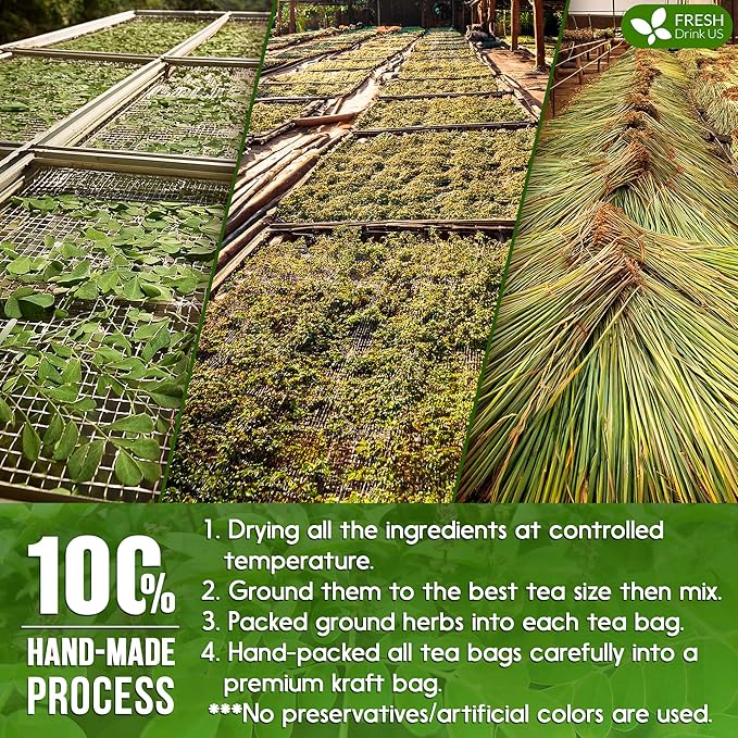 FreshDrinkUS, Premium 55 Tea Bags Tulsi Moringa Lemongrass, 100% Natural & Pure from Tulsi Holy Basil Leaves, Moringa & Lemongrass. Made with Natural Material Tea Bags. No Sugar, No Caffeine, Vegan.