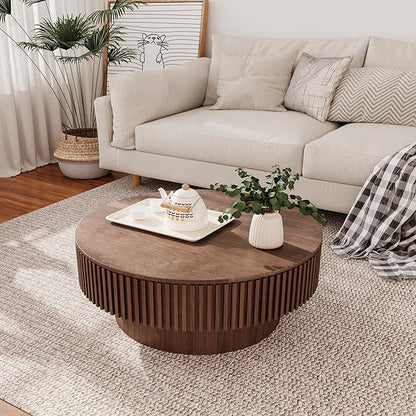 31.5 Inch Round Drum Coffee Table with Storage, Modern Handcraft Fluted Drum Coffee Table, Wooden Round Coffee Table Center Table with Sturdy Pedestal for Living Room Apartment (Walnut)