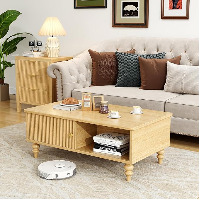 Mid-Century Modern Wooden Coffee Table with Storage, Slatted Door, Solid Wood Legs, Retro Coffee Table with Open Shelf for Home & Office & Lounge, Nature Oak