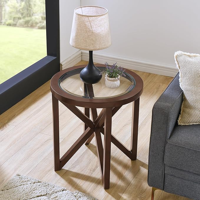 Round End Table Living Room Sofa Side Table Modern Simple Transparent Tempered Glass Top and Wood Base, Accent End Table, Cherry