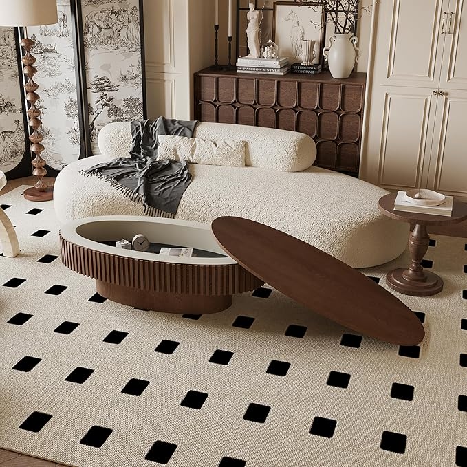 47 Inch Oval Drum Coffee Table with Storage, Handcraft Fluted Drum Coffee Table, Modern Wooden Oval Cocktail Tea Table Center Table with Sturdy Pedestal for Living Room Apartment (Walnut)