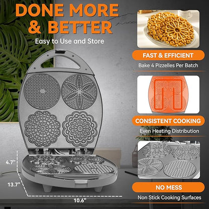 Baker's Friend Multi Pizzelle Maker Electric, Stroopwafel Iron, 4 x 4.5'' Pizzelle Waffle Cookies Maker with Temperature Control, Ideal for Holidays, Parties & More, Great Choice for Gift, Graphite