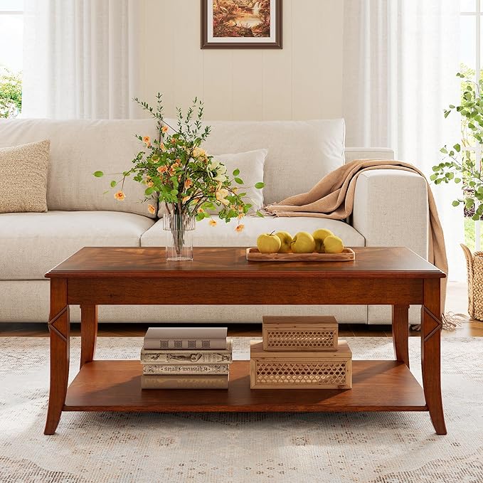 PADMA HOUSE Solid Wood Coffee Table with Shelf, Vintage Rectangle Cocktail Table with Dual Hourglass Tabletop, Apartment Center Sofa Table with Curved Legs for Living Room, 43.3 * 23.6 * 17.7in