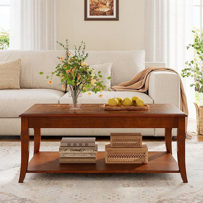 PADMA HOUSE Solid Wood Coffee Table with Shelf, Vintage Rectangle Cocktail Table with Dual Hourglass Tabletop, Apartment Center Sofa Table with Curved Legs for Living Room, 43.3 * 23.6 * 17.7in
