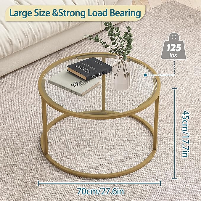 Glass Coffee Table,Round Gold Coffee Table for Small Space,27" Modern Center Table,Glass Top Clear Coffee Table with Sturdy Metal Frame for for Living Room Home Office, Easy Assembly