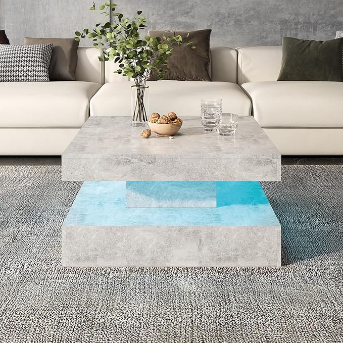 Grey LED Coffee Table for Living Room, Living Room Table 2-Tier Square Middle Center Table, Modern Coffee Tables with Storage, Contemporary Wood Tea Tables for Dining Reception