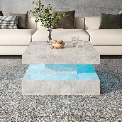Grey LED Coffee Table for Living Room, Living Room Table 2-Tier Square Middle Center Table, Modern Coffee Tables with Storage, Contemporary Wood Tea Tables for Dining Reception