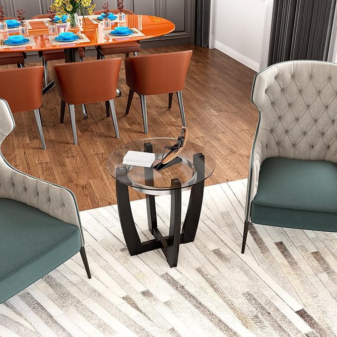Round Glass End Table, 26" D Solid Wood Side Table with Tempered Glass Tabletop, Modern Glass Sofa Side Table with Black Cross Base for Living Room Home Office,CJZ1331