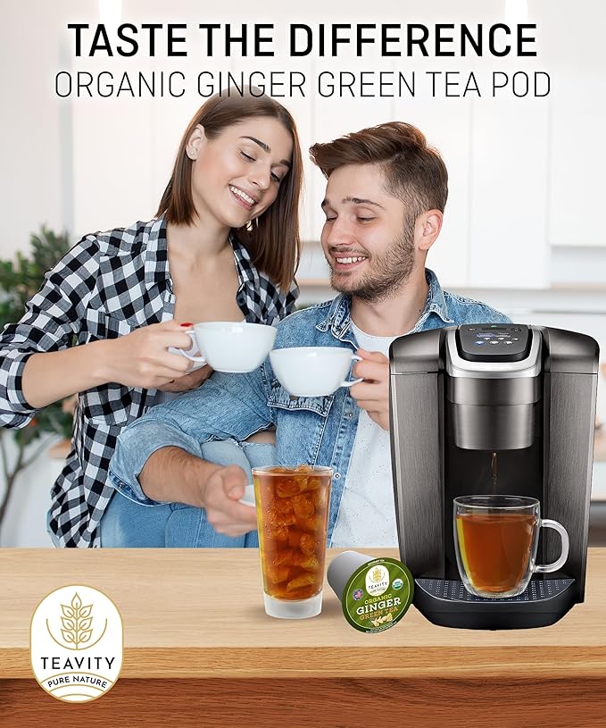 Green Tea & Ginger Tea Pods for Keurig - Caffeinated, Organic, Dye Free, Unsweetened, Herbal Blend for K Cup Machines - Hot or Iced (24 Tea Pods)