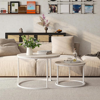 Round Coffee Table Set of 2 End Tables for Living Room,Modern White Coffee Table Nesting Tables,Living Room Tables Wood Furniture Metal Frame,Sturdy Stacking Side Tables,Easy Assembly,Oak
