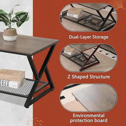 SENIG Coffee Table with Storage Shelf, Industrial Metal Wood Living Room Tables, Rectangle Center Table 39 Inch, Vintage Simple 2 Tier Cocktail Table, Grey