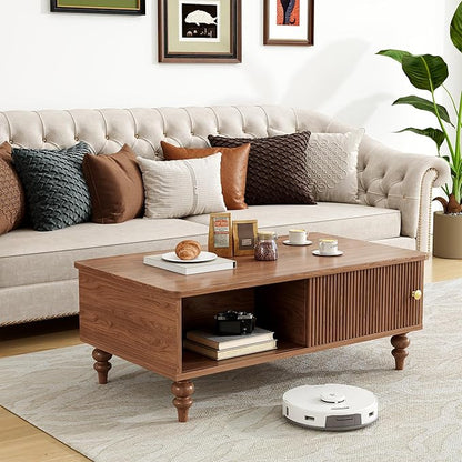 Mid-Century Modern Wooden Coffee Table with Storage, Slatted Door, Solid Wood Legs, Retro Coffee Table with Open Shelf for Home & Office & Lounge, Walnut