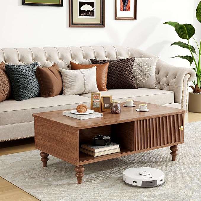 Mid-Century Modern Wooden Coffee Table with Storage, Slatted Door, Solid Wood Legs, Retro Coffee Table with Open Shelf for Home & Office & Lounge, Walnut