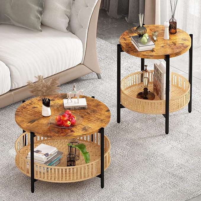 Lamerge 3 Pieces Coffee Table Set for Living Room, Boho Living Room Table Set with Rattan Storage Shelf and Metal Frame, Round Coffee Table & 2 End Side Tables for Apartment Home Office