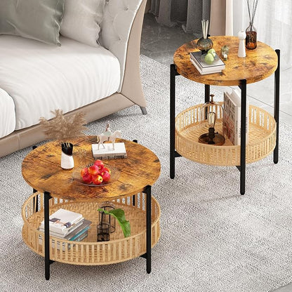 Lamerge 3 Pieces Coffee Table Set for Living Room, Boho Living Room Table Set with Rattan Storage Shelf and Metal Frame, Round Coffee Table & 2 End Side Tables for Apartment Home Office
