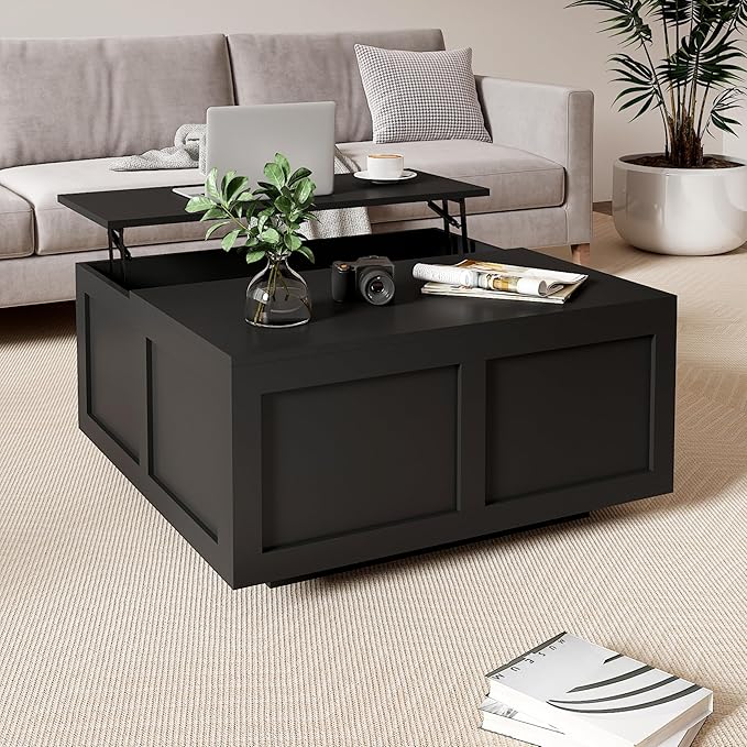 Lift Top Coffee Table with Storage, 31.5" Square Black Coffee Table with Large Hidden Storage, Wood Living Room Table Center Table for Living Room Dining Reception Room