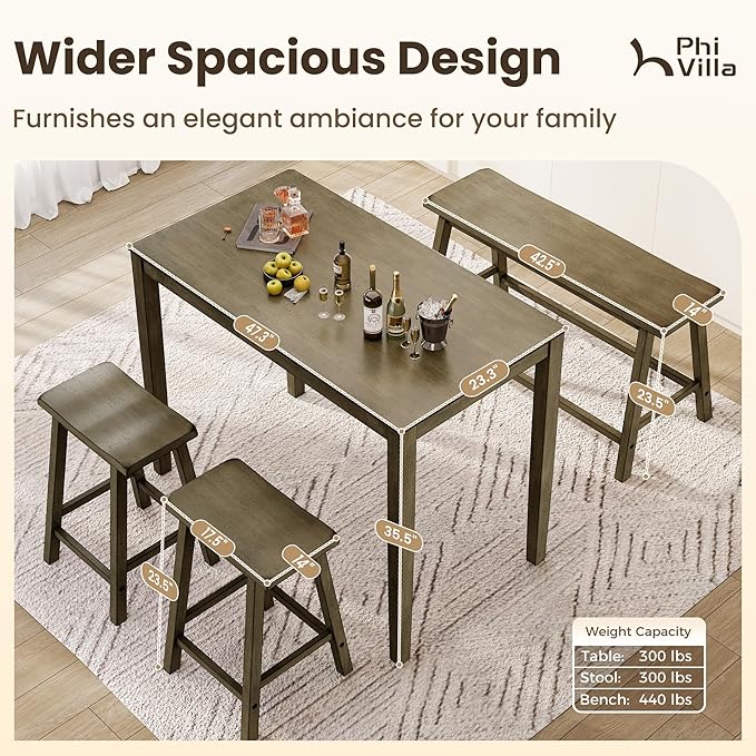 PHI VILLA Dining Table Set for 4, Counter Height Dining Table with 2 Chairs and 1 Bench, Solid Wood Table Sets for Farmhouse, Rustic Kitchen and Dining Room Table Set with Chairs, Smoky Brown