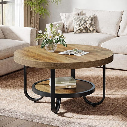 Tribesigns Round Coffee Table, 31.5" Modern Wood Circle Center Table with Storage Shelf and Metal Frame, 2-Tier Industrial Accent Cocktail Table for Living Room, Small Space, Apartment, Brown