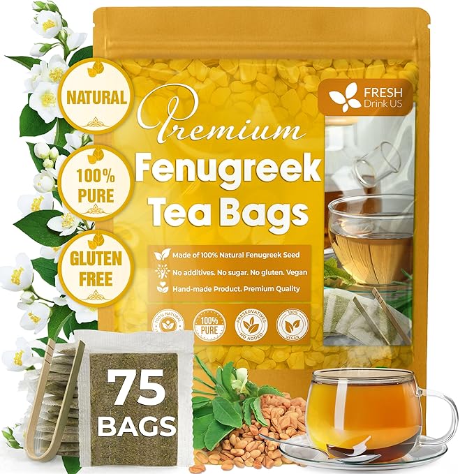 FreshDrinkUS, Premium 75 Fenugreek Tea Bags, 100% Natural & Pure from Fenugreek. Fenugreek Herbal Tea. Made with Natural Material Tea Bags. No Sugar, No Caffeine, No Gluten, Vegan.