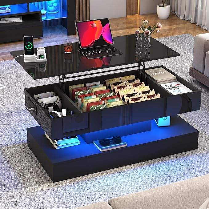 39.4" Large Lift Top Coffee Table,Modern High Glossy LED Coffee Tables for Living Room with Storage,Black Living Room Tables for Living Rooms,Dining Room,Bedroom Home Office,APP LED Lights（Black）