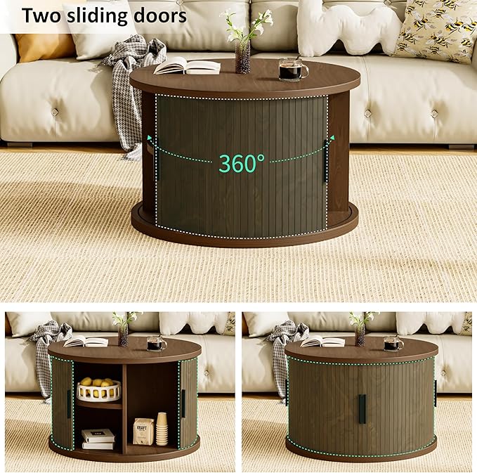 Round Coffee Table, 31.5" Fluted Coffee Table with Storage, Fluted Accent Center Table with Sliding Door, Mid Century Modern Coffee Table for Living Room, Coffee Table Circle Wood，Walnut