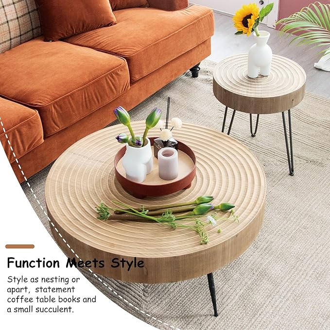 2-Piece Modern Farmhouse Living Room Coffee Table Set, Nesting Table Round Natural Finish with Handcrafted Wood Ring Pattern