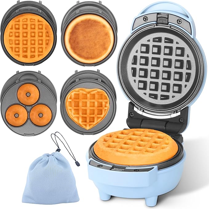 Baker's Friend 4 in 1 Mini Waffle Maker with Removable Plates, Set Includes Mini Pancake, Donut, Heart Shape Waffle Makers, Compact Size, Recipe Included, Blue