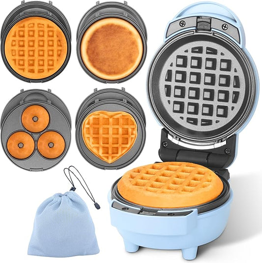 Baker's Friend 4 in 1 Mini Waffle Maker with Removable Plates, Set Includes Mini Pancake, Donut, Heart Shape Waffle Makers, Compact Size, Recipe Included, Blue